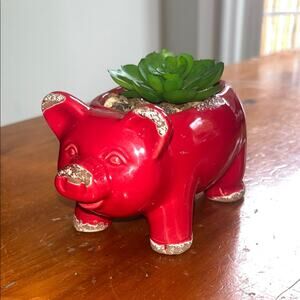 Red Pig Faux Succulent Plant Container Desk Mini Farmhouse Decor